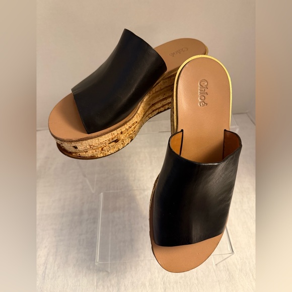 Chloe Black Platform Cork Mules - Picture 3 of 10